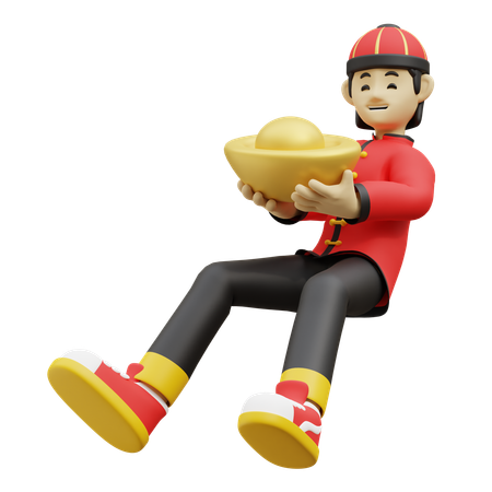 Chinese Boy Is Holding Gold Ingot  3D Icon