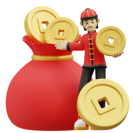 Chinese Boy Is Taking Gold Coins From Bag  3D Icon