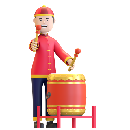 Chinese Boy playing traditional percussion drum  3D Illustration