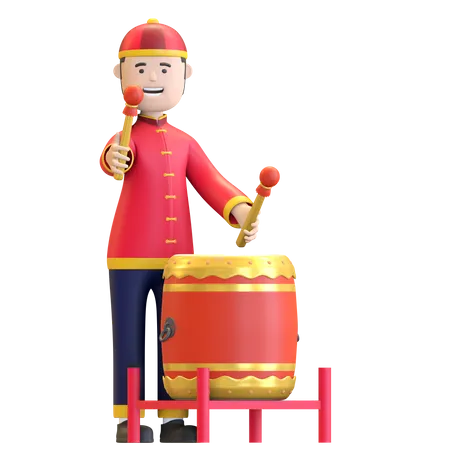 Chinese Boy playing traditional percussion drum  3D Illustration