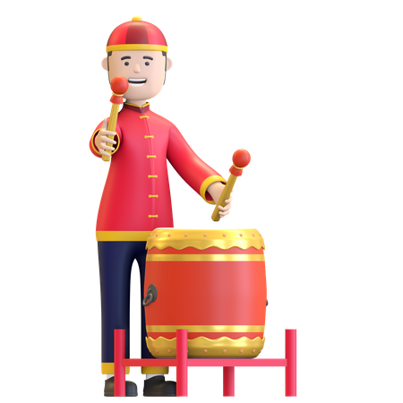 Chinese Boy playing traditional percussion drum 3D Illustration
