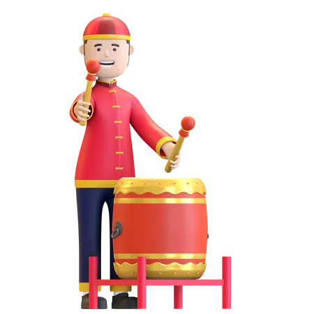 Chinese Boy playing traditional percussion drum 3D Illustration