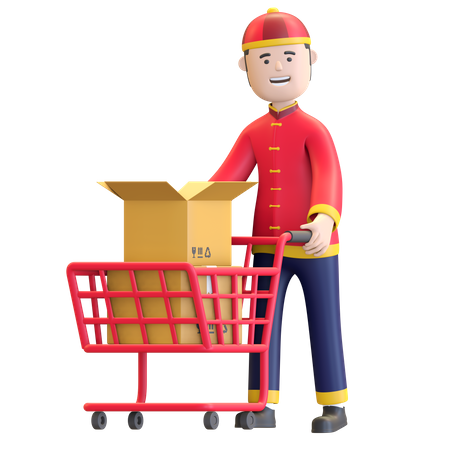 Chinese Boy pushing shopping cart  3D Illustration