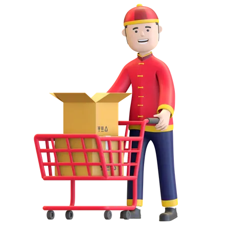 Chinese Boy pushing shopping cart  3D Illustration