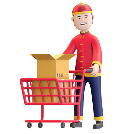 Chinese Boy pushing shopping cart 3D Illustration