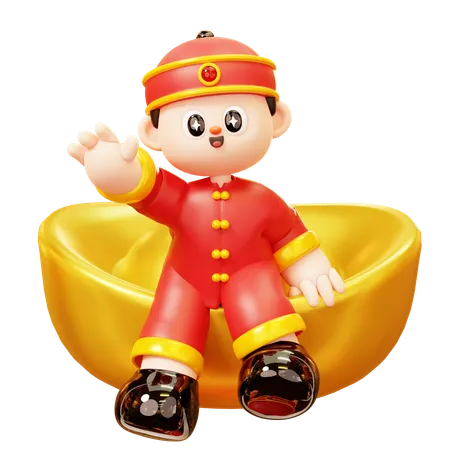 Cute Cartoon 3 D Character Chinese Boy In Red Traditional Chinese Costume Sit On Gold Ingot Yuan Bao Chinese Gold Coin Happy Lunar New Year Tradition Chinatown And Chinese New Year Tradition 3D Illustration