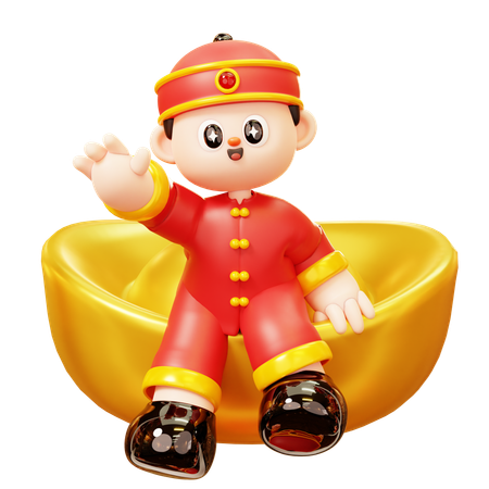 Chinese Boy Sit On Gold Ingot  3D Icon