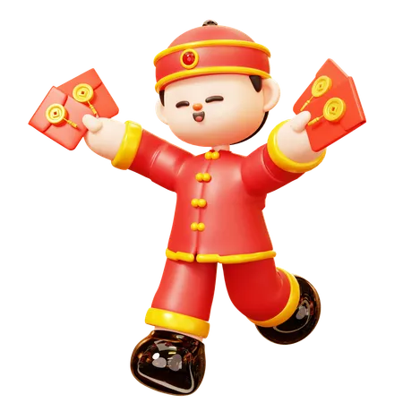 Cute Cartoon 3 D Character Chinese Boy In Red Traditional Chinese Costume Greeting With Angpao Happy Lunar New Year Tradition Chinatown And Chinese New Year Tradition 3D Illustration