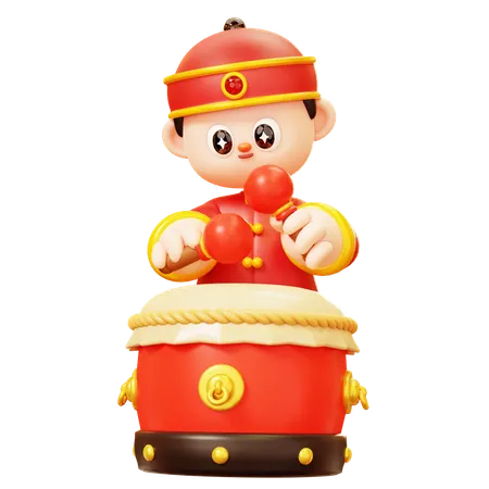 Cute Cartoon 3 D Character Chinese Boy In Red Traditional Chinese Costume Drum With Sticks Instrument For Traditional Lion Dance Joy In Parade Happy Lunar New Year Tradition Chinatown And Chinese New Year Tradition 3D Illustration