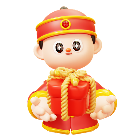 Chinese Boy With Gift Box  3D Illustration