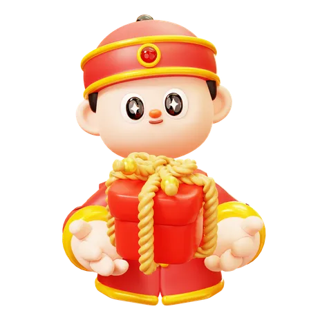 Cute Cartoon 3 D Character Chinese Boy In Red Traditional Chinese Costume Holding Red Gift Box With Rope Ribbon Happy Lunar New Year Tradition Chinatown And Chinese New Year Tradition 3D Illustration