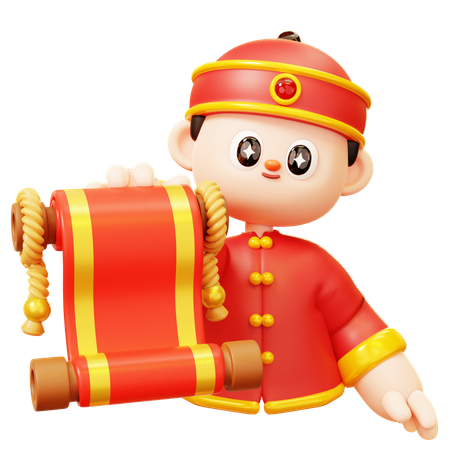 Chinese Boy With Scroll Letter  3D Illustration