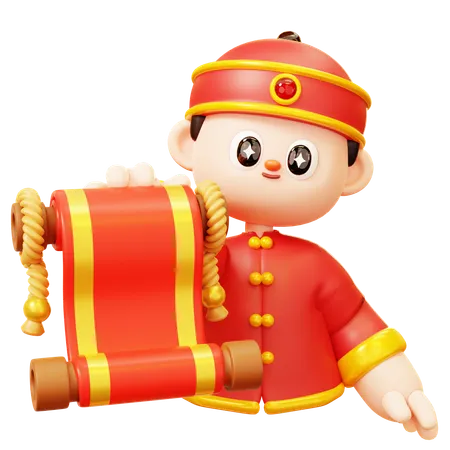 Cute Cartoon 3 D Character Chinese Boy In Red Traditional Chinese Costume With Scroll Letter Happy Lunar New Year Tradition Chinatown And Chinese New Year Tradition 3D Illustration