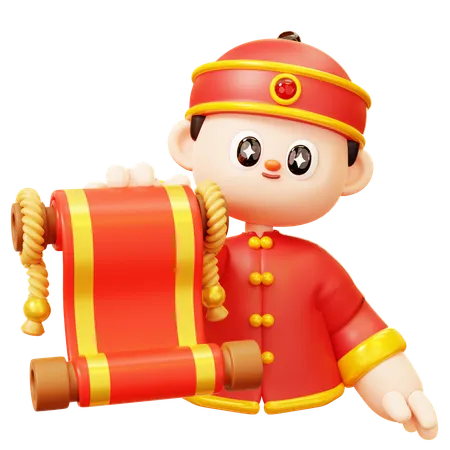 Chinese Boy With Scroll Letter  3D Illustration