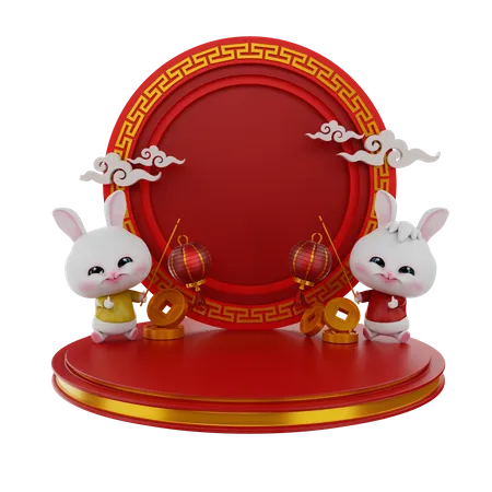 Chinese Bunnies On Chinese Podium 3D Illustration