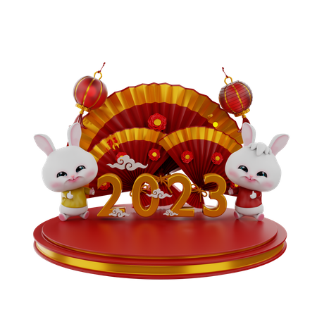 Chinese Bunnies On Chinese Podium 3D Illustration