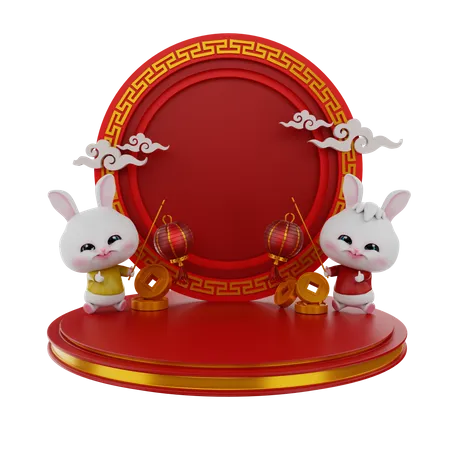 Chinese Bunnies On Chinese Podium  3D Illustration