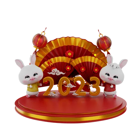 Chinese Bunnies On Chinese Podium  3D Illustration