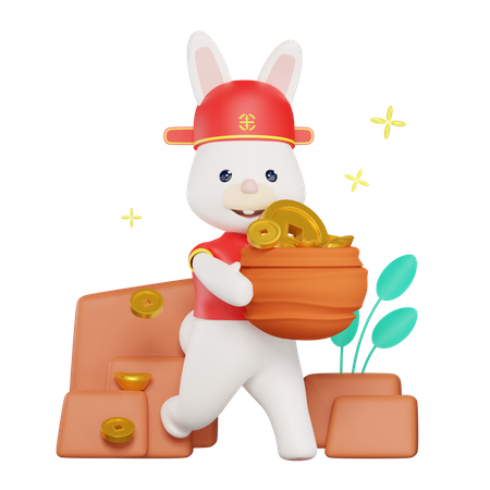 Chinese Bunny carrying a pile of coins  3D Illustration