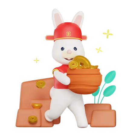 Chinese Bunny carrying a pile of coins  3D Illustration