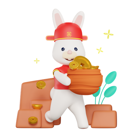 Chinese Bunny carrying a pile of coins 3D Illustration