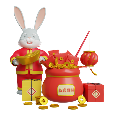 Chinese Bunny Celebrate Chinese New Year 3D Illustration