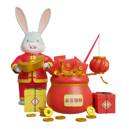 Chinese Bunny Celebrate Chinese New Year  3D Illustration