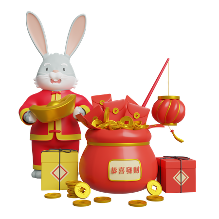 Chinese Bunny Celebrate Chinese New Year  3D Illustration