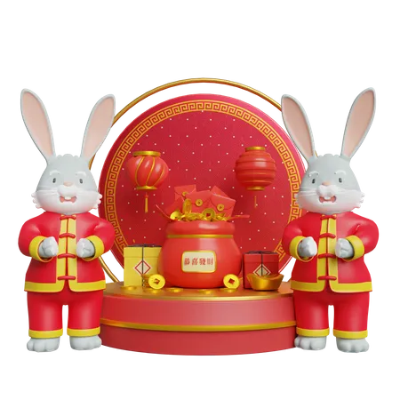 Chinese Bunny Celebration New Year 3D Illustration