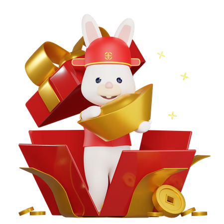 Chinese Bunny coming out of a surprise box  3D Illustration