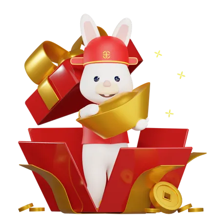 Chinese Bunny coming out of a surprise box  3D Illustration