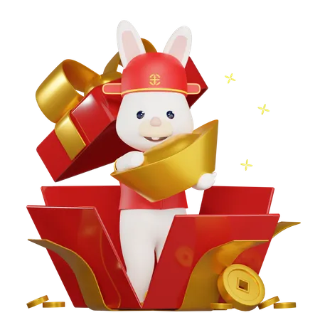 Chinese Bunny coming out of a surprise box 3D Illustration