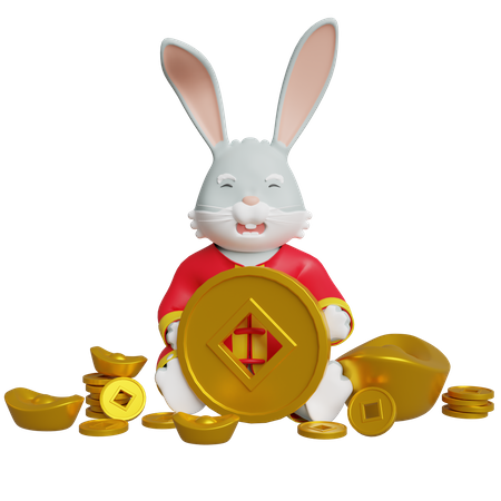 Chinese Bunny Holding Chinese Coin  3D Illustration