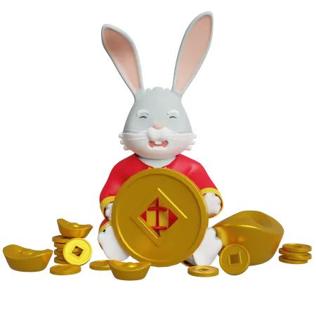 Chinese Bunny Holding Chinese Coin  3D Illustration