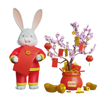 Chinese Bunny Holding Chinese Envelope  3D Illustration