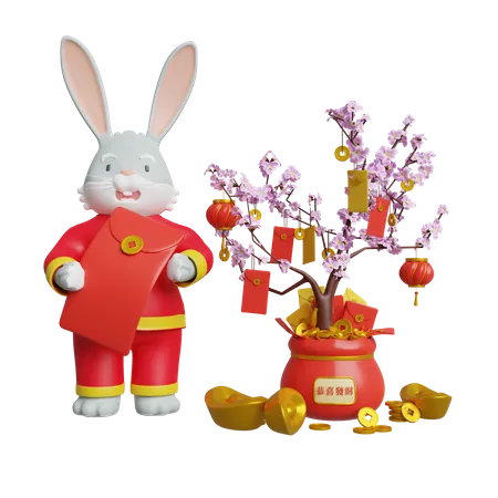 Chinese Bunny Holding Chinese Envelope  3D Illustration