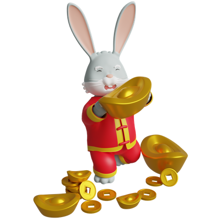 Chinese Bunny Holding Gold Ingots  3D Icon