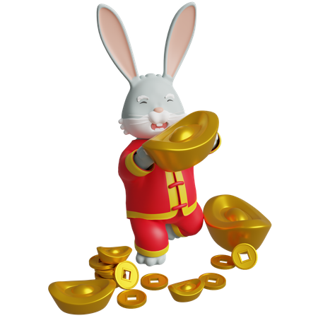 Chinese Bunny Holding Gold Ingots  3D Illustration