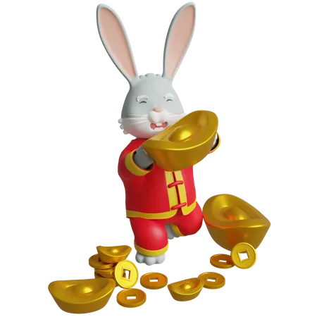 Chinese Bunny Holding Gold Ingots 3D Illustration