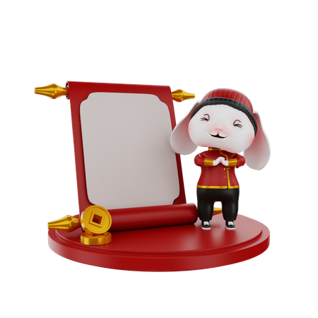 Chinese Bunny On Chinese Podium  3D Illustration