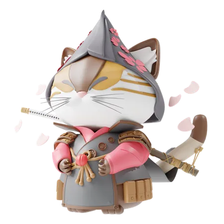 Chinese Cat In Samurai Suit  3D Illustration