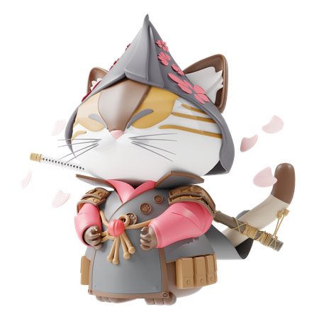 Chinese Cat In Samurai Suit  3D Illustration