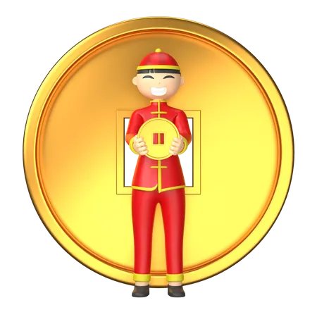 Chinese character holding chinese coin 3D Illustration