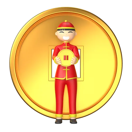 Chinese character holding chinese coin  3D Illustration