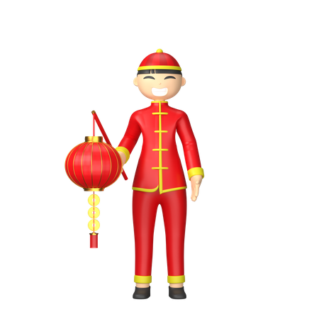 Chinese character holding red lantern  3D Illustration