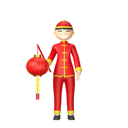 Chinese character holding red lantern  3D Illustration