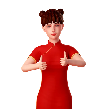 Chinese character posing with thumbs up with both hands  3D Illustration