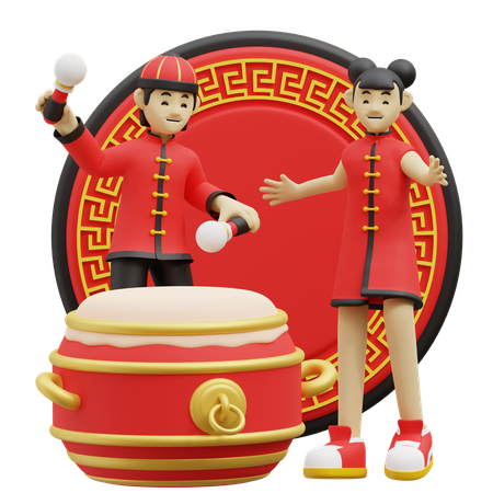 Chinese Children Are Beating Drum  3D Illustration