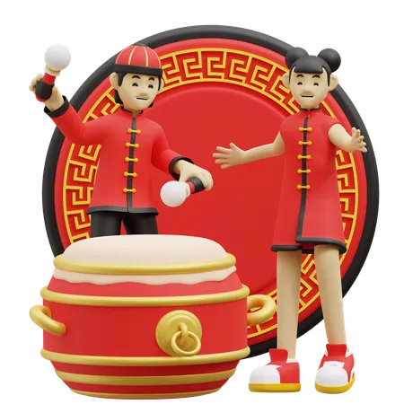 Chinese Children Are Beating Drum  3D Illustration