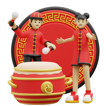 Chinese Children Are Beating Drum  3D Illustration